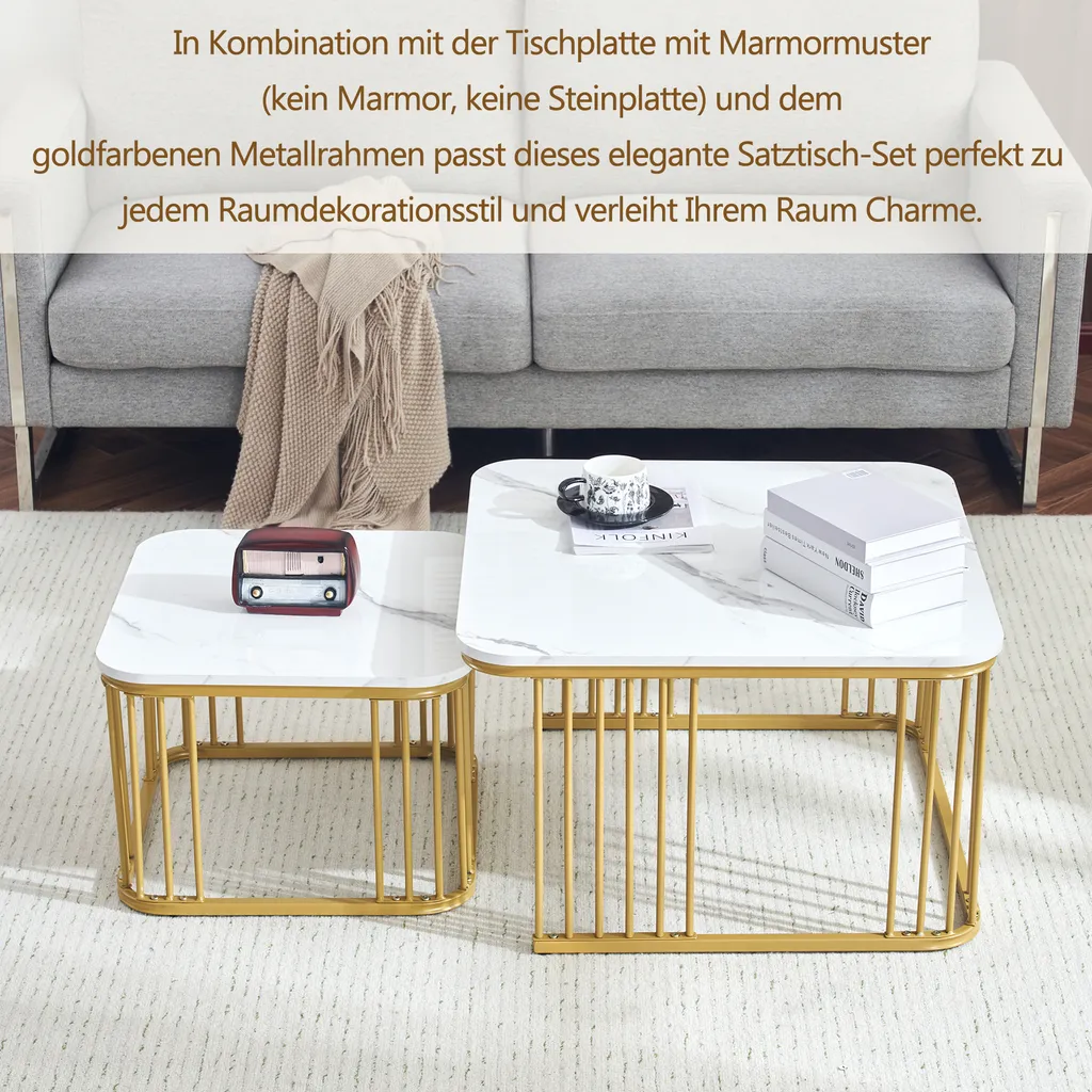 Table d'Appoint Haute Brillance Effet Marbre et Cadre Métal Robuste