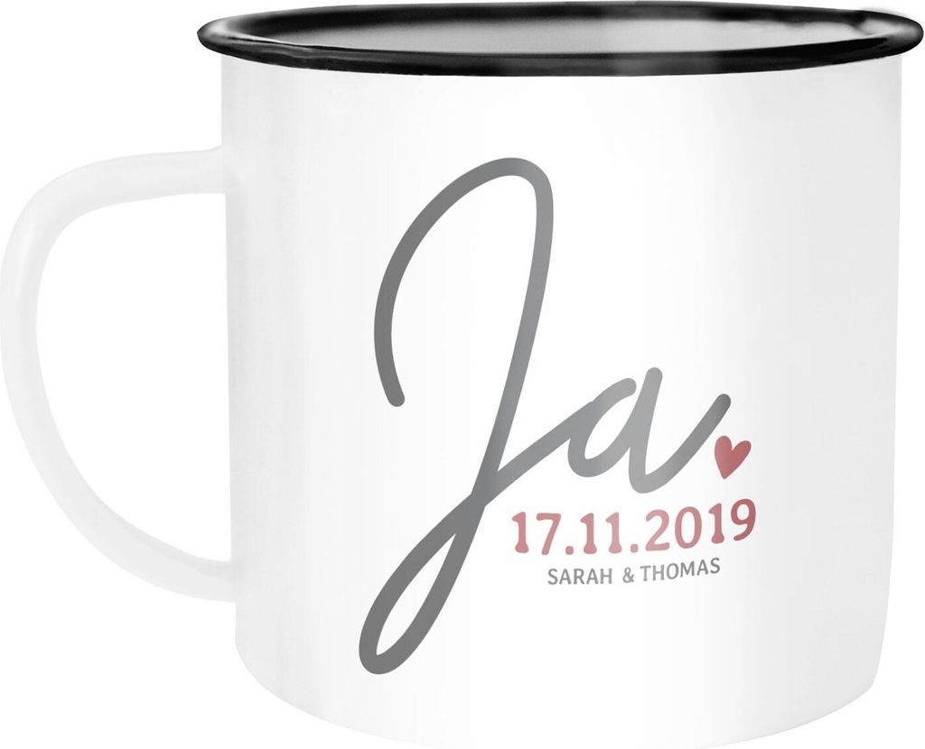 Emaille-Tasse "Ja" mit Namen Datum personalisierte Hochzeitsgeschenke Emaille-Becher SpecialMe weiß-schwarz Emailletasse