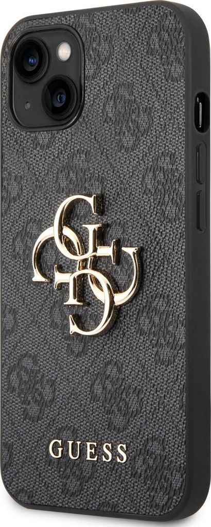 A close-up, angled view of the back of an iPhone case with a repeating Guess logo pattern and a large gold Guess logo in the center.
