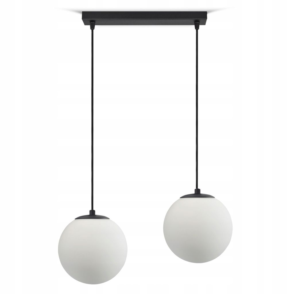 A black rectangular ceiling plate with two black cords hanging down, each ending in a white glass globe light fixture.
