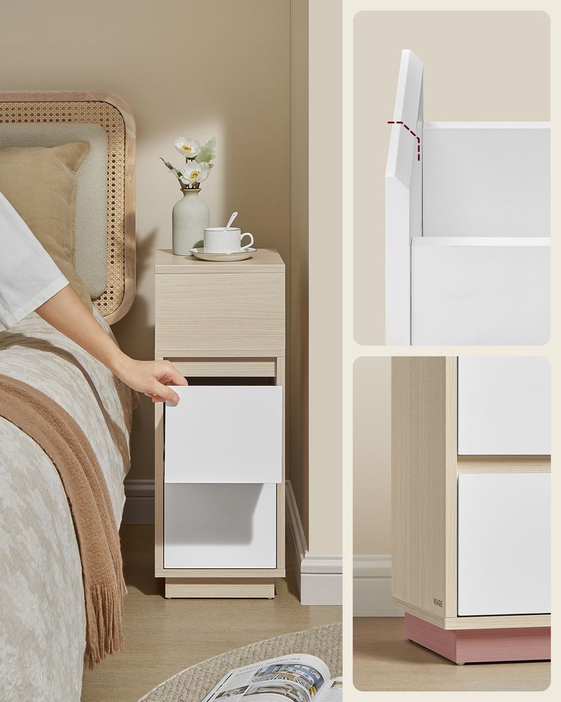 A person's hand is reaching into a modern, narrow nightstand next to a bed.