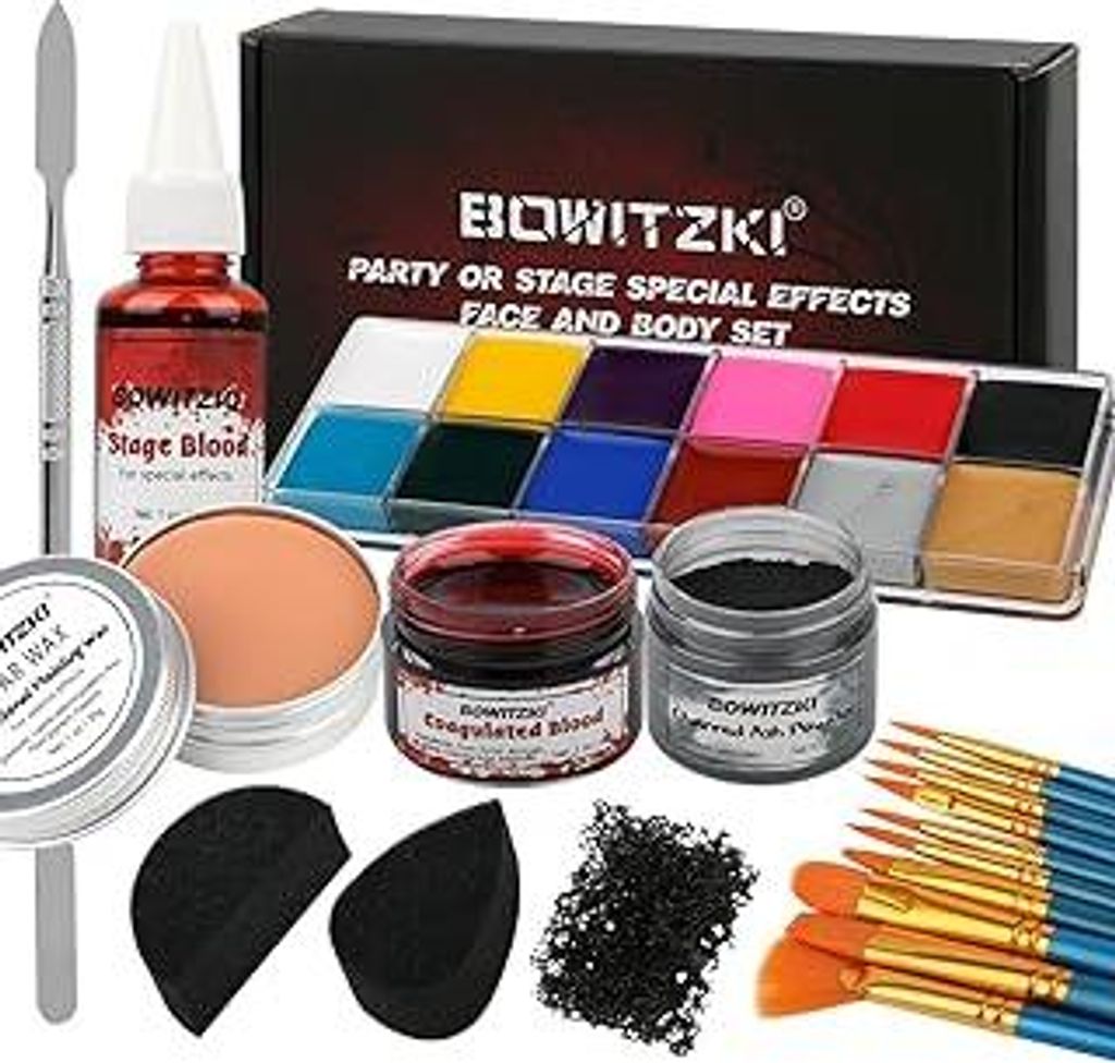 Bowitzki Halloween-Make-up Spezialeffekte Öl-Gesichts- und Körperfarbe Kunstblut Narbenwachs mit Schwämmen Pinsel Halloween-Party