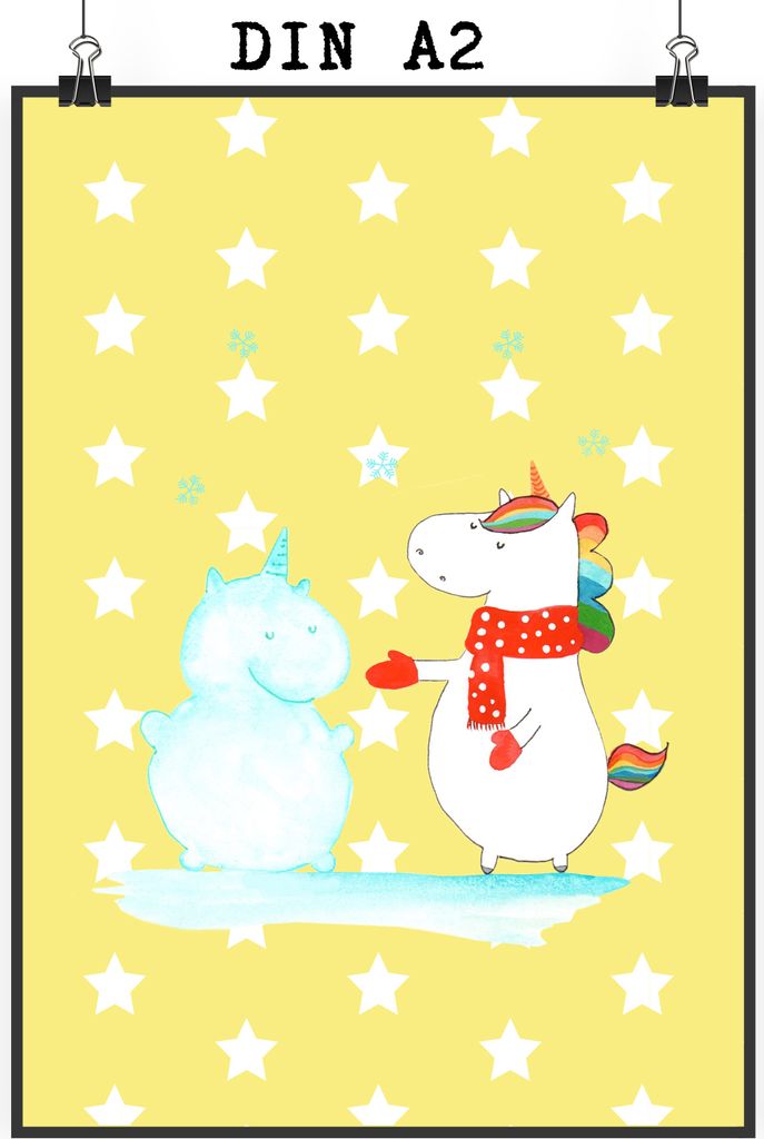 Mr. & Mrs. Panda Bild Einhorn Schneemann DIN A2 - Gelb Pastell - Geschenk, Deko, Kunstdruck, Kuchen, Schnee, Winter, drucke, Mütze, Weihnachten, W...