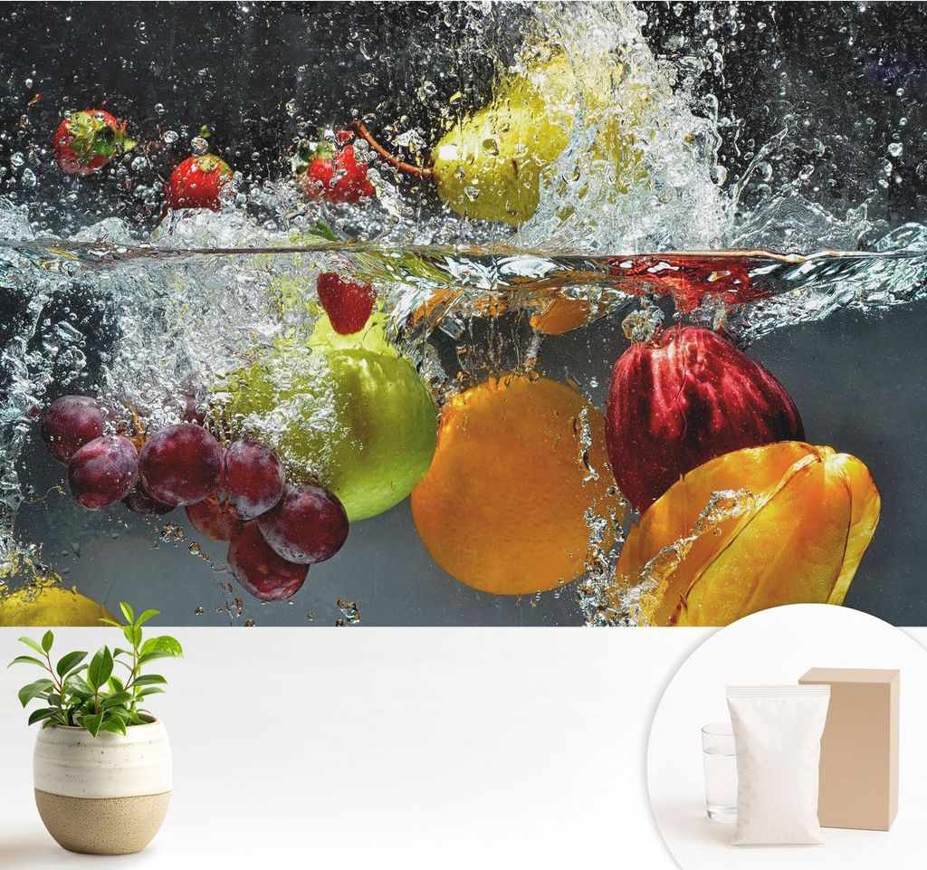 Fototapete - 104x70 cm - Tapete - Wandtapete - Wandbilder - Dekofolie - Tapete Folie - Wand - Dekoration - Wohnzimmer - Früchte im Wasser