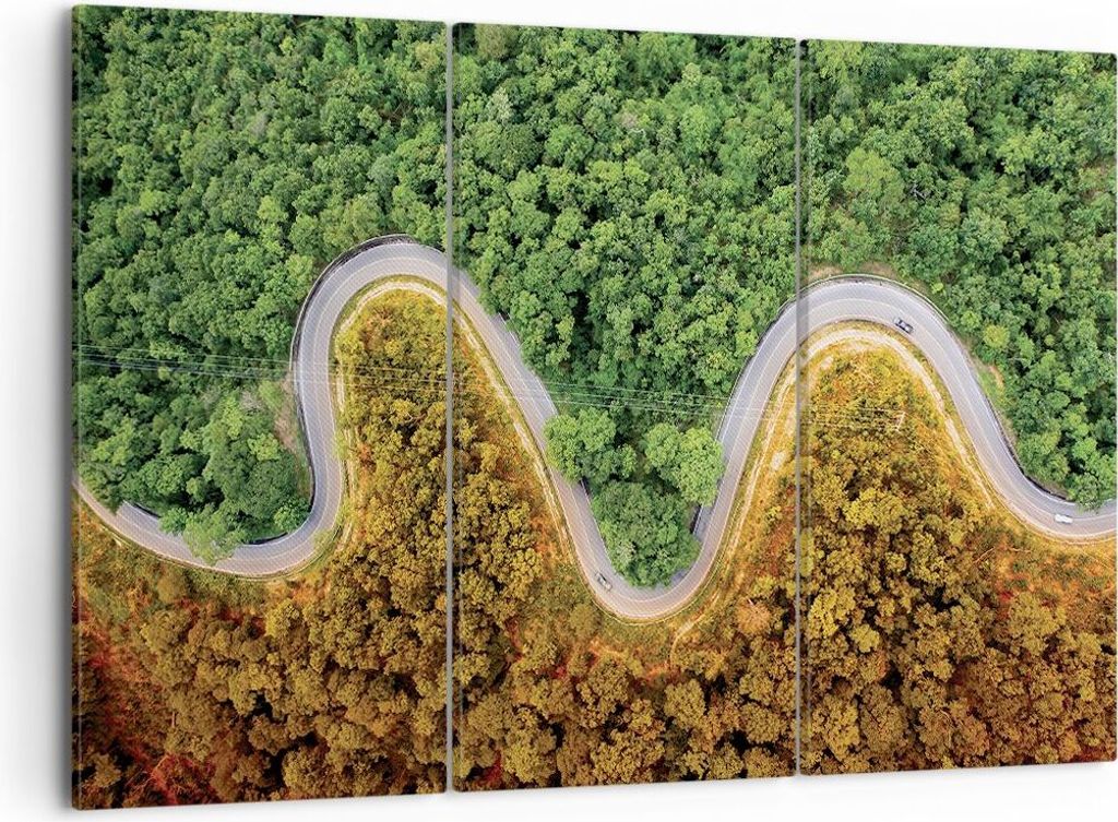 Bild auf Leinwand - Leinwandbild - 3 Teile - Luftaufnahmen Weg Wald - 105x70cm - Wand Bild - Wanddeko - Wandbilder - Leinwanddruck - Bilder - Wandd...