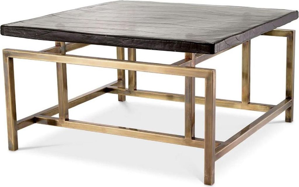 Casa Padrino Luxus Couchtisch Vintage Messing 60,5 x 60,5 x H. 34 cm - Quadratischer Edelstahl Wohnzimmertisch mit Glasplatte - Wohnzimmer Möbel -...