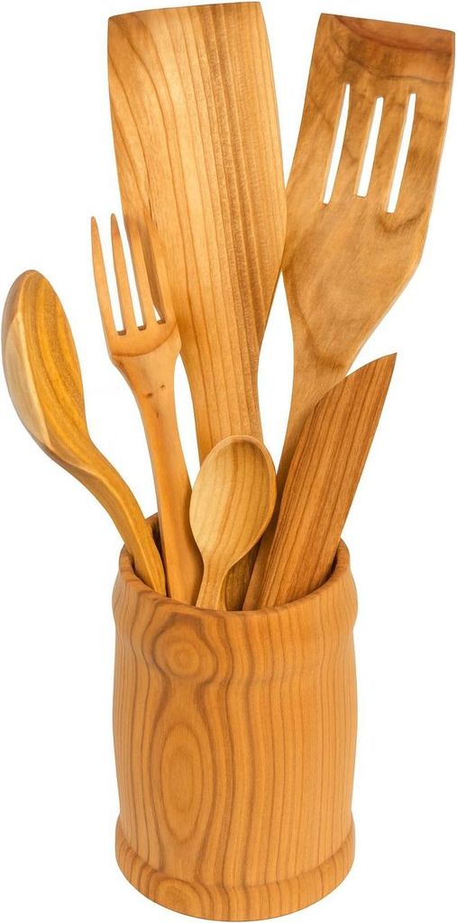 Küchenutensilien aus Kirschholz im Becher – Set mit Küchenaccessoires
