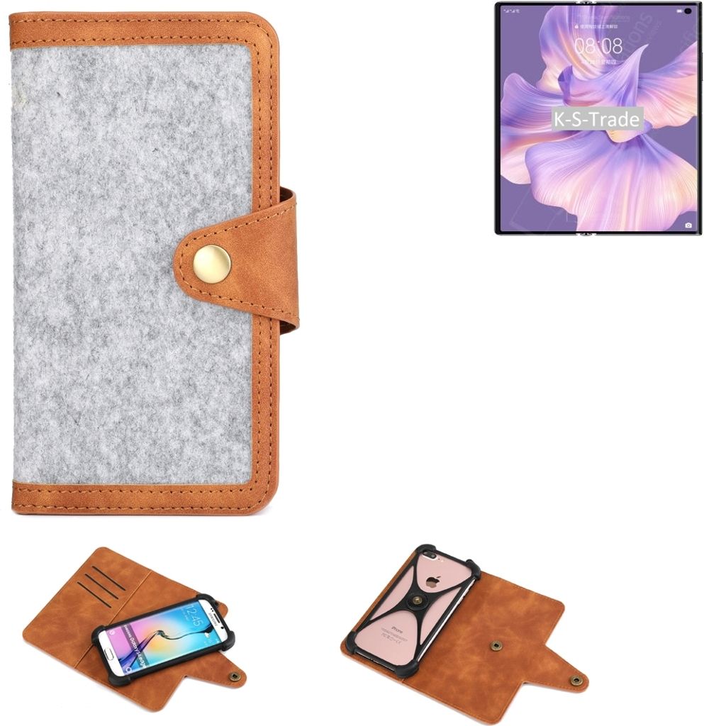 K-S-Trade Handyhülle kompatibel mit Huawei Mate Xs 2 Schutzhülle Filz-Hülle Kunst-Leder hellgrau braun (1x)
