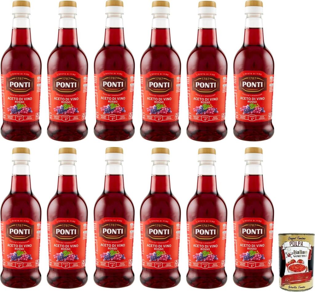 12x Ponti Aceto di Vino Rosso Rotweinessig Essig Säure 6% PET 500ml + Italian Gourmet Polpa di Pomodoro 400g Dose