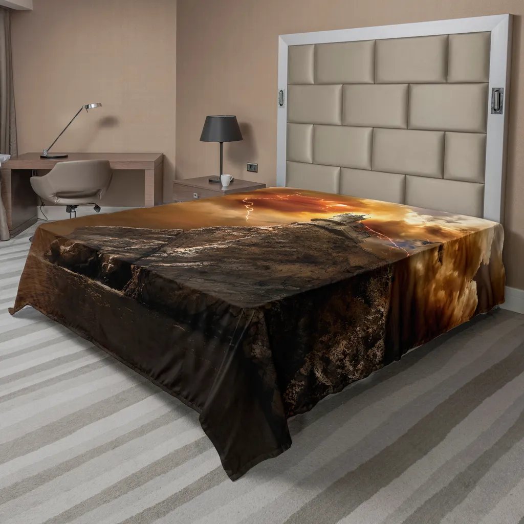 Drap de lit doux en microfibre orange brun décor château sur falaise