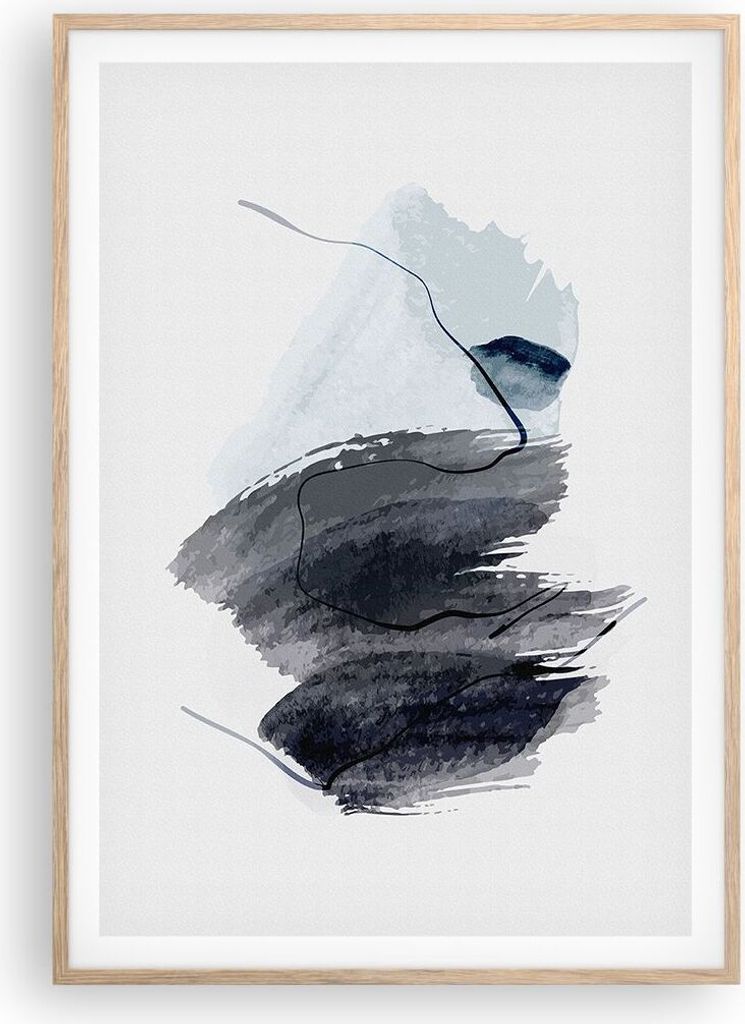 Gerahmtes Poster - Rahmen in heller Eiche - Blau Grau Aquarell - 70x100 cm - Wand Bild - Wanddeko - Wandbilder - Kunstposter - Wandposter - Bilderr...