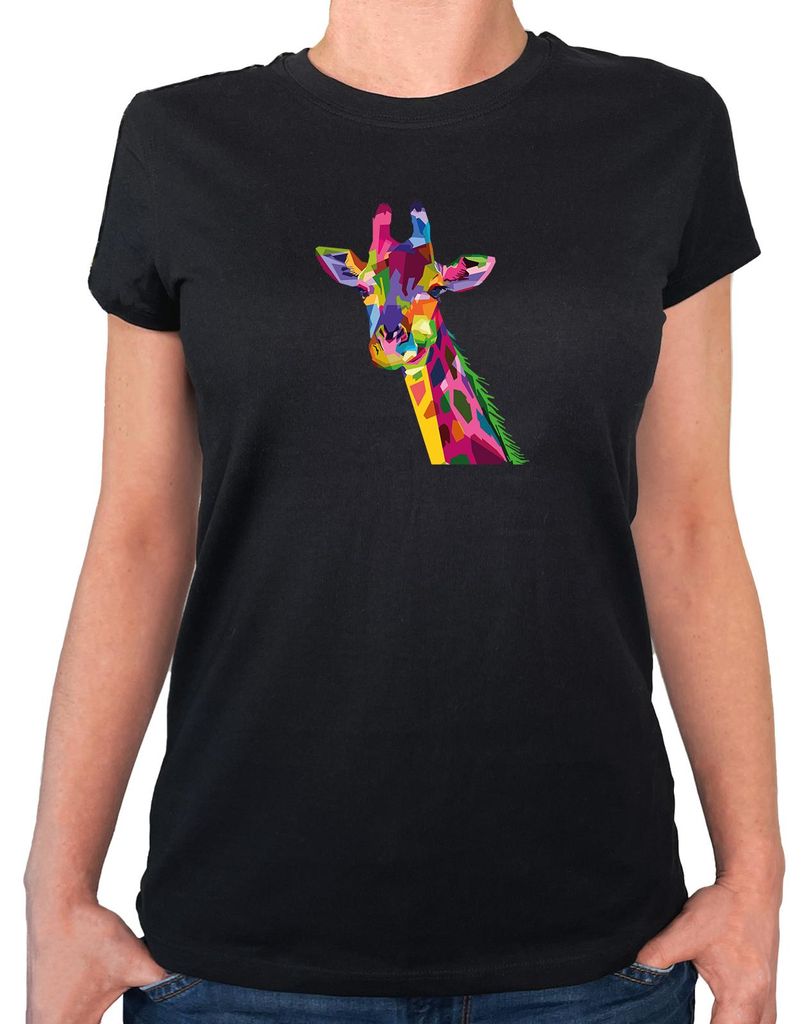 Huuraa Damen T-Shirt Giraffe Colorful XS Black Bio Baumwolle Fairtrade Damenshirt Geschenkidee