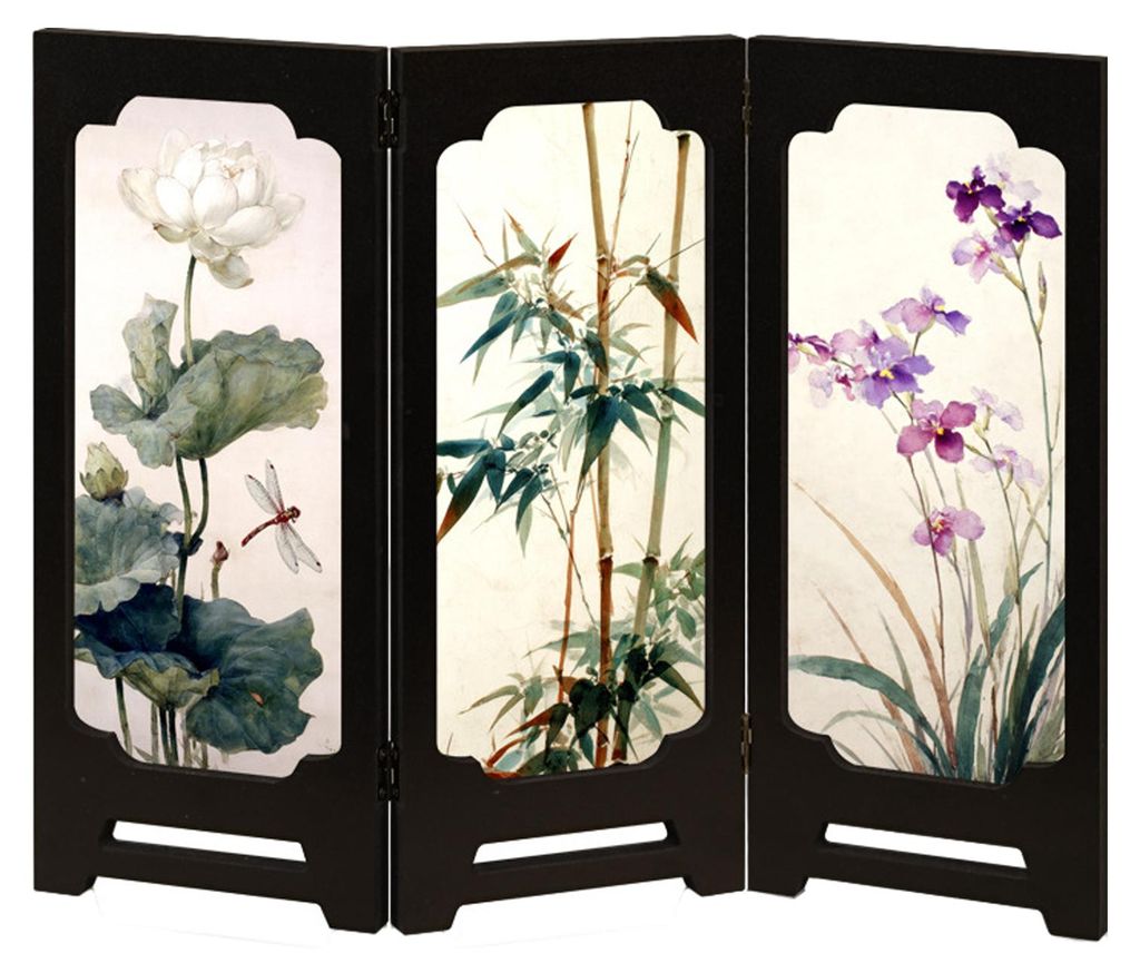 Mini-Paravent mit Blumenmuster, rustikaler 3-teiliger Raumteiler im chinesischen Vintage-Stil, Tischparavent, Feng-Shui-Dekoration für Zuhause und...