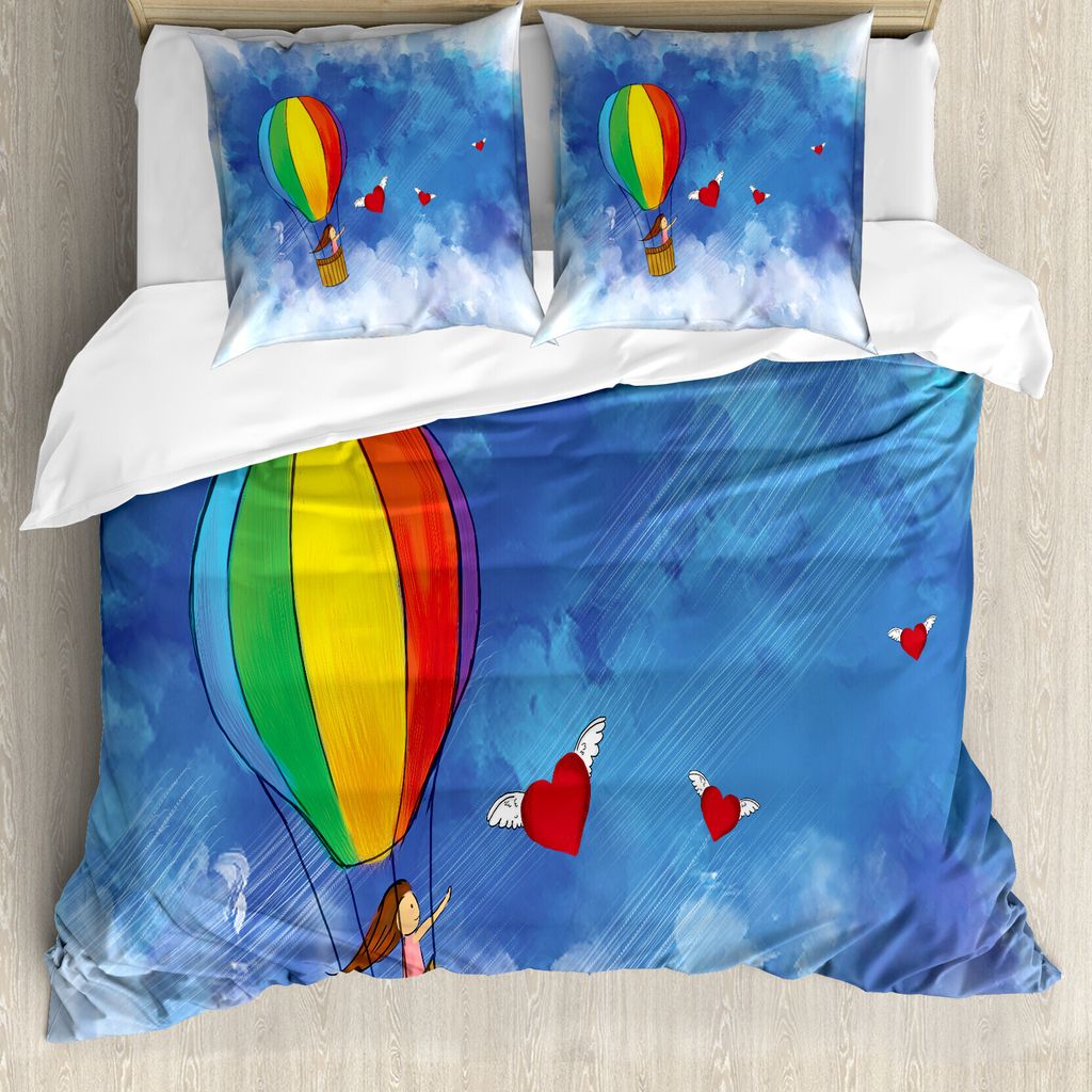 ABAKUHAUS Karikatur Bettbezug Set für Einzelbetten, Mädchen im Ballon-Flügel-Herzen, Milbensicher Allergiker geeignet mit Kissenbezug, 155 cm x ...