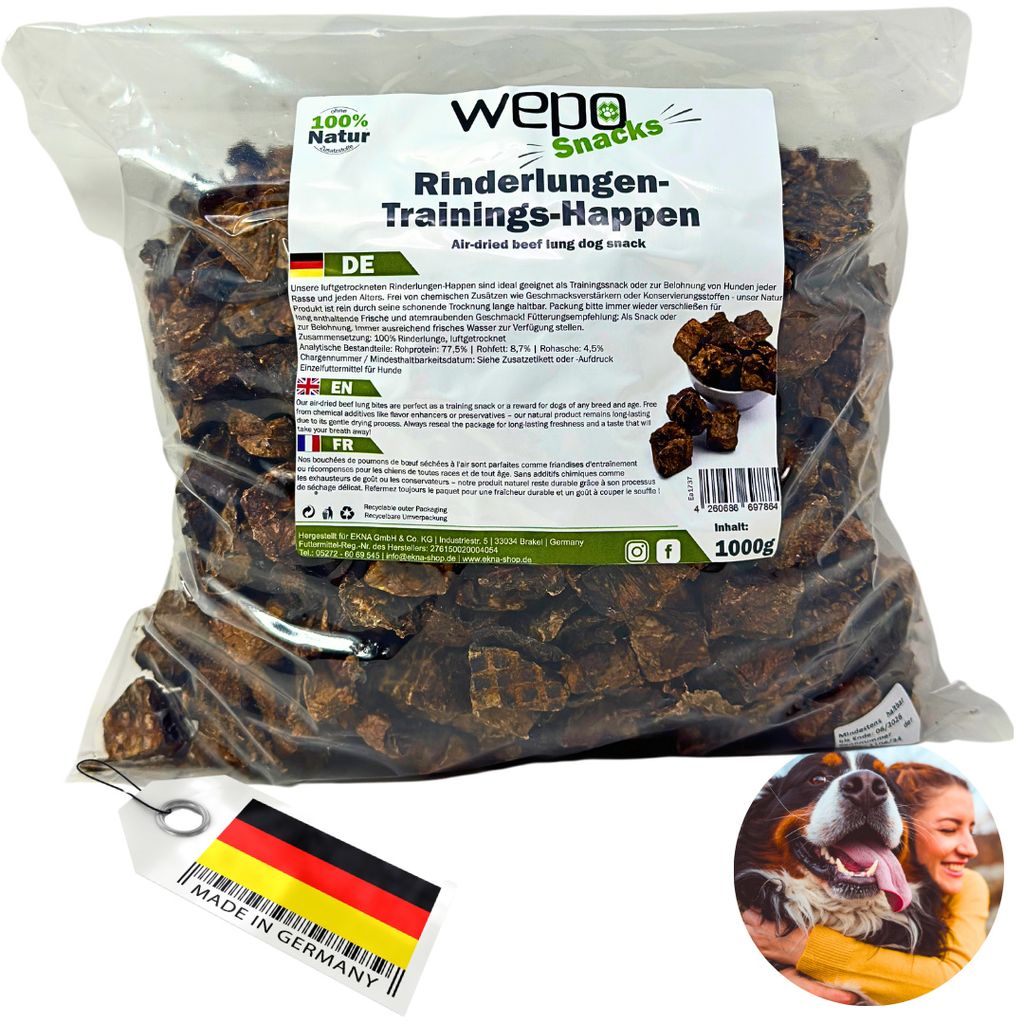 WEPO Hunde Leckerlis - 1kg getrocknete Rinderlunge für Hunde - Gesunde Trainingssnacks - Hunde Leckerli - Liefert Proteine, Vitamine & Mineralien