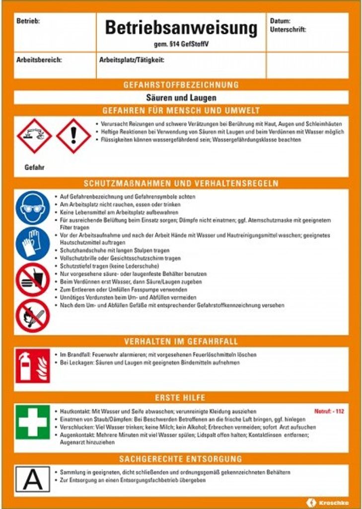 Dreifke Betriebsanweisung Säuren und Laugen, CLP/GHS, Kunststoff, 210x297mm,...