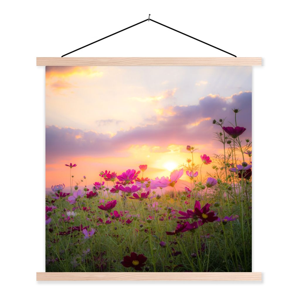 MuchoWow Textilposter Blumen - Rosa - Sonnenuntergang - Natur - Wiese - Horizont 120x120 cm mit holzfarbenen Rahmen - Textil-Poster