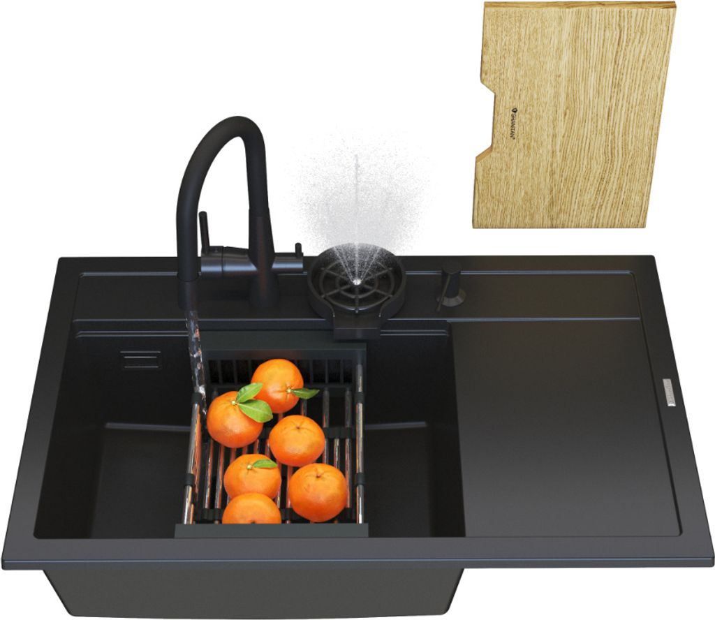 Granitan | Spülbecken Granit - Schwarz - 80x50x22 cm - Spülbecken RENDO + Siphon + Küchenarmatur FLUO + Warenkorb + Schneidebrett + Glaswaschmas...