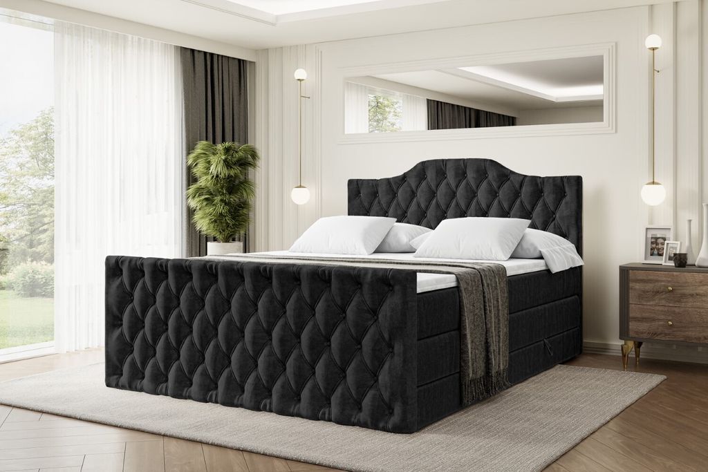 ALTDECOR Boxspringbett mit Fußteil, 2 Matratzen und Topper - 120x200 cm - VILA-1-Z KING - Schwarz Samt - Polsterbett mit, H3- und H4- Matratzen, B...