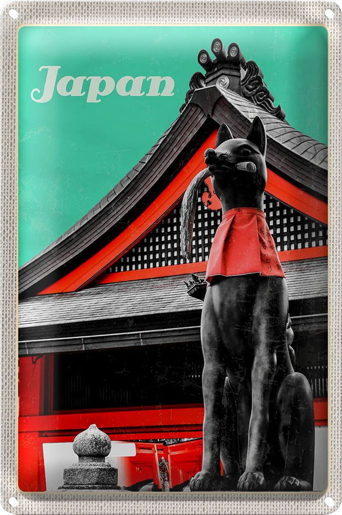 Blechschild Reise 40x30cm Japan Miyajima Tempel Kitsune Statue