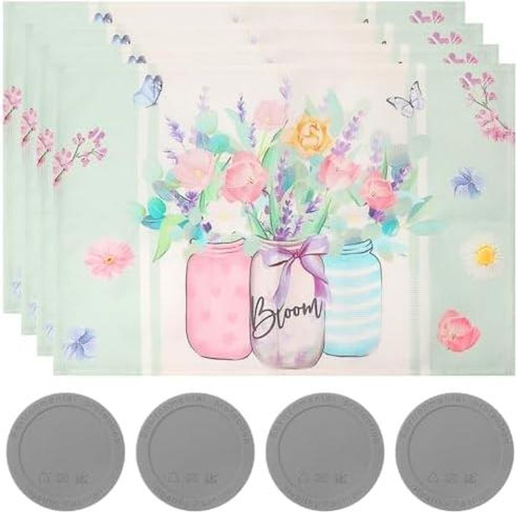 4er Set Platzsets, Frühling Platzdeckchen Küche Tischsets Abwaschbar mit 4 Stück Untersetzer Silikon, Blumen Schmetterling Platzdeckchen Stoff T...