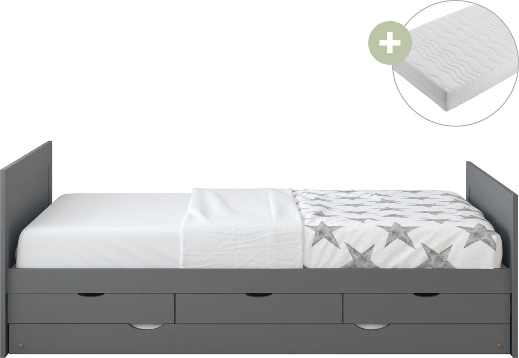 Sunny Eli Kinderbett aus Holz mit Ausziehbett und 3 Schubladen in Grau | Bett Mit Matratze | Einzelbett in 206,5 x 97 x 75 cm | Für Matratzengrö...