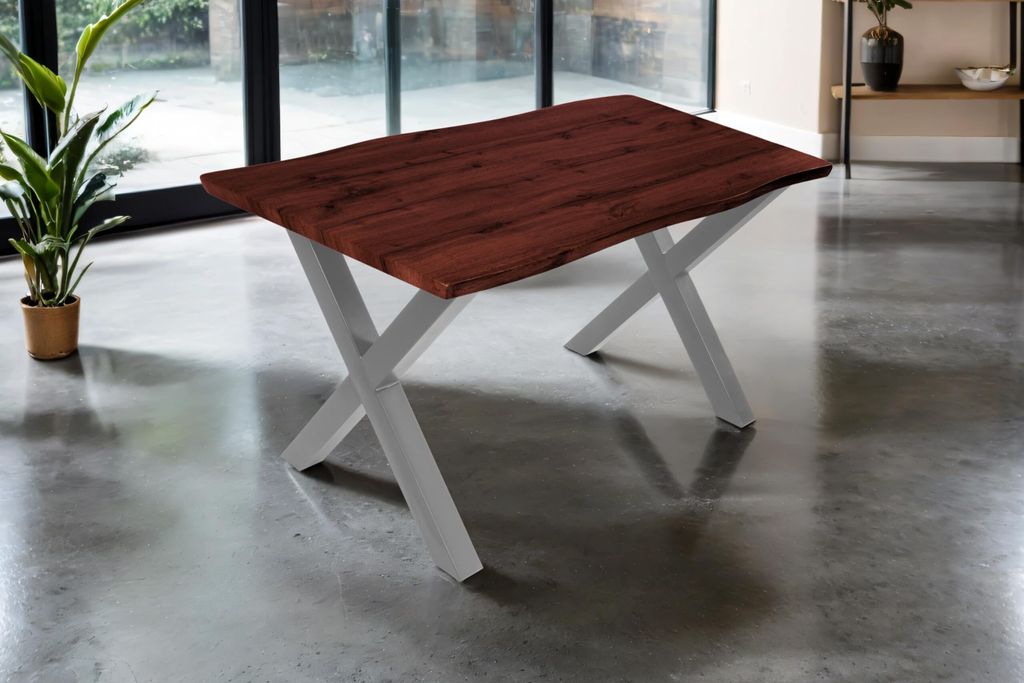 Esstisch Josy | 140 x 80 cm | Holz Nussbaum-Optik | X-Gestell Metall Silber | 40 mm Tischplatte mit Baumkante | Tisch für Esszimmer & Küche