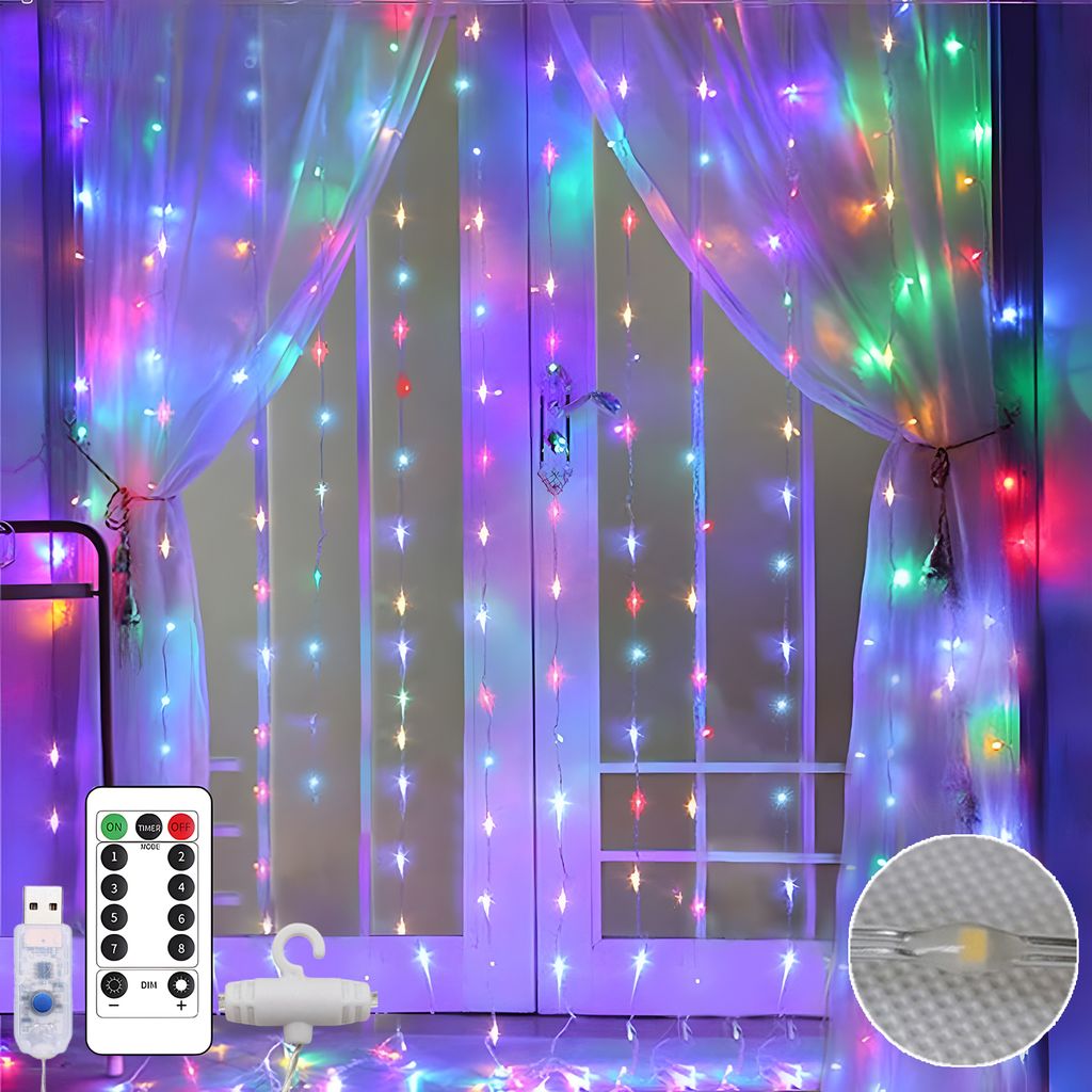 LED Lichterkette Lichtervorhang Innen 3x2m, 200LEDs 8Modi IP65 Dimmbar Fernbedienung Timer, Deko für Fenster Balkon Pavillon, Bunt