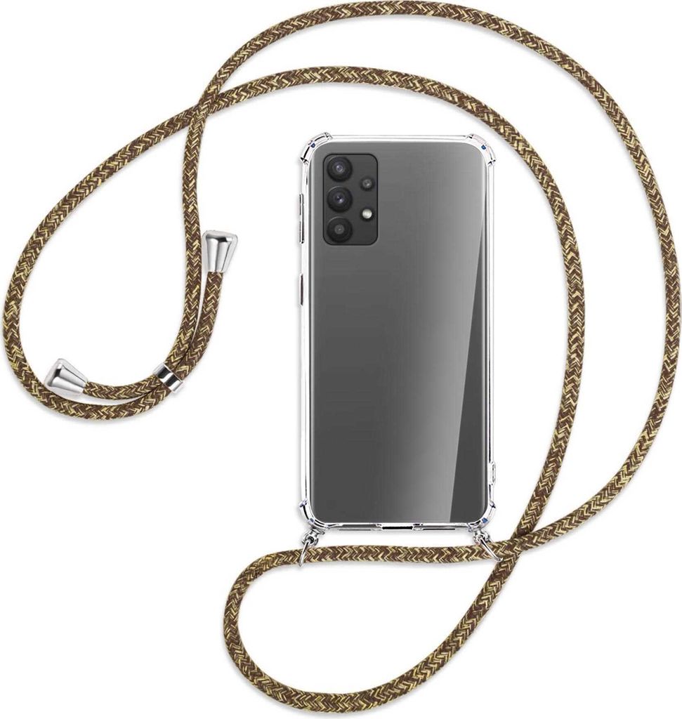 Handykette Backcover-Schutzhülle mit Band (Metall silberfarben) für Samsung Galaxy A32 4G (A325) - braun+beige