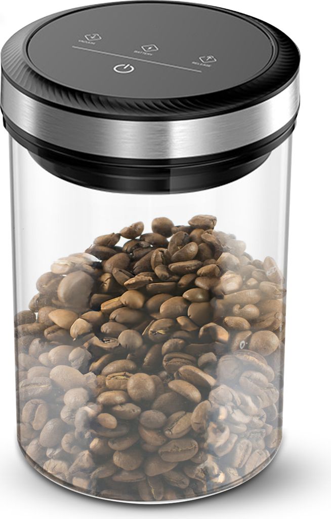 A vacuum coffee canister filled with coffee beans, shown against a white background.