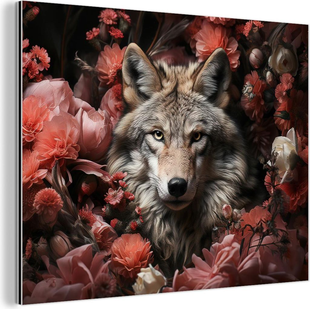 MuchoWow Wanddekoration Metall Metallbild Wandkunst 40x30 cm Wolf - Tier - Floral - Botanisch - Natur - Fantasie MuchoWow Aluminium Gemälde - Deko...