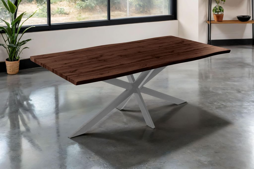 Esstisch 200x100 cm Baumkante Holz Nussbaum-Optik Spider-Gestell Metall silber JOSY