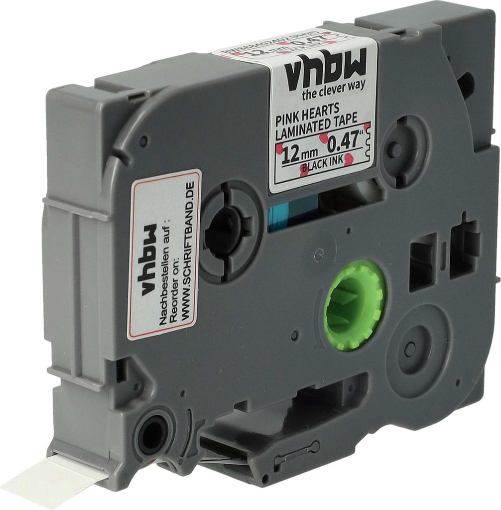vhbw Schriftband-Kassette kompatibel mit Brother PT 1290SBVP Etiketten-Drucker 4m x 12mm Schwarz auf Weiß m. rosa Herzen, Kunststoff, Laminiert