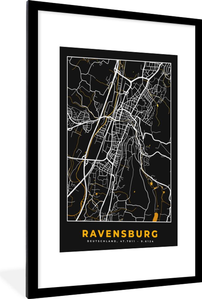 MuchoWow Gerahmtes Poster Gold - Deutschland - Karte - Stadtplan - Ravensburg 60x90 cm - Poster mit Schwarzem Bilderrahmen Wandposter Rahmen Foto...