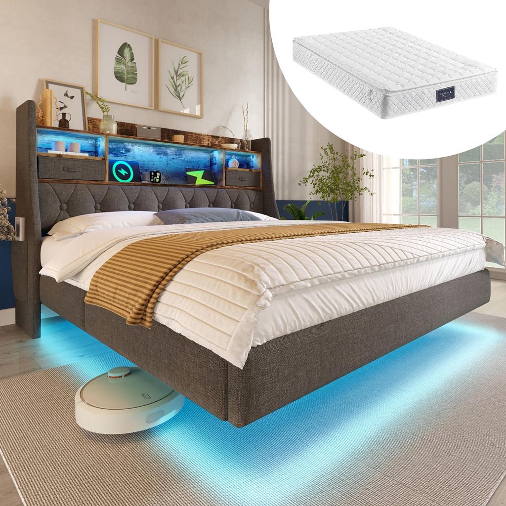 okwish Polsterbett 140x200 Jugendbett mit LED-Beleuchtung und Ladestation,Doppelbett mit Stauraum-Kopfteil und lattenrost,Bettgestell mit Matratze ...