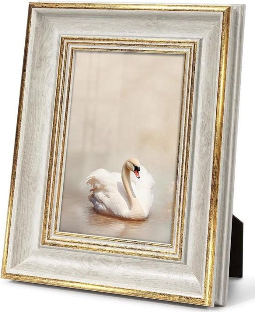Retro-Vintage-Fotorahmen 10x15 – Weiß mit Gold – Antikes Design – Für Wand oder Tisch