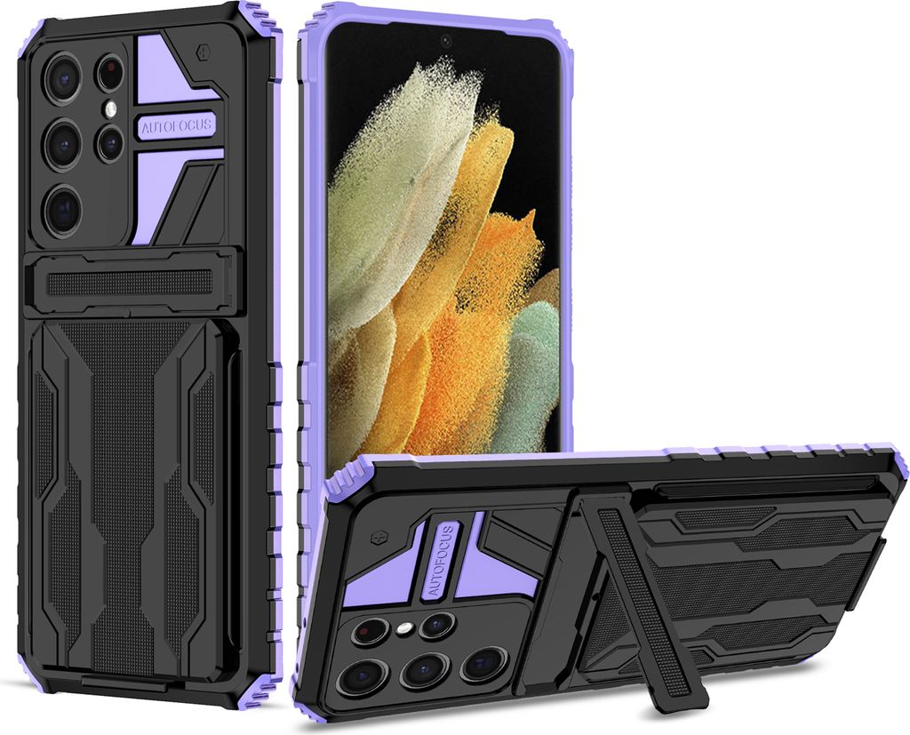 Galaxy S21 Ultra 5G Hülle, Hybrid Robust Schutz Stoßfest Schutzhülle mit Kartenhalter Ständer für Samsung Galaxy S21 Ultra 5G Lila