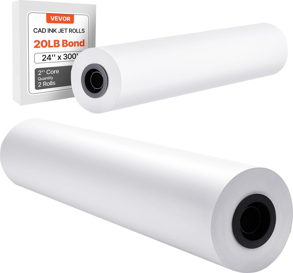 VEVOR Breitformatpapier Papierrollen 609,6 mm (B) / 91,4 m (L), 2 CAD-Papierrollen 20 lb Plotterpapierrollen ideal für CAD-Zeichnungen technische ...