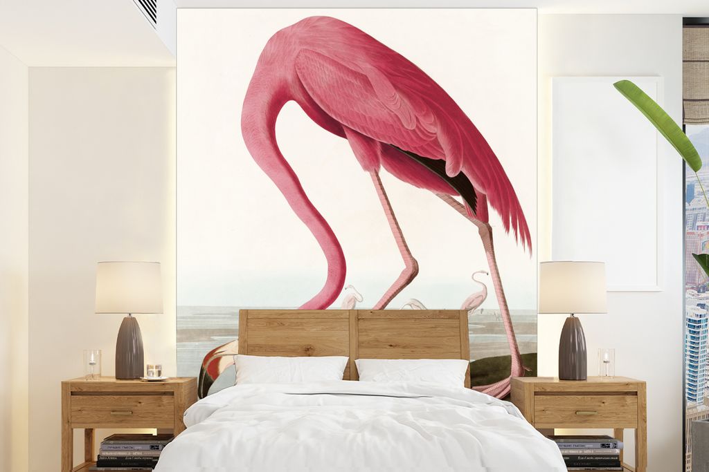 MuchoWow Fototapete für Wohnzimmer oder Schlafzimmer Wandtapete Vinyl Motivtapete Flamingo - Vogel - Vintage - Wasser - Rosa - 165x220 cm - Wand...