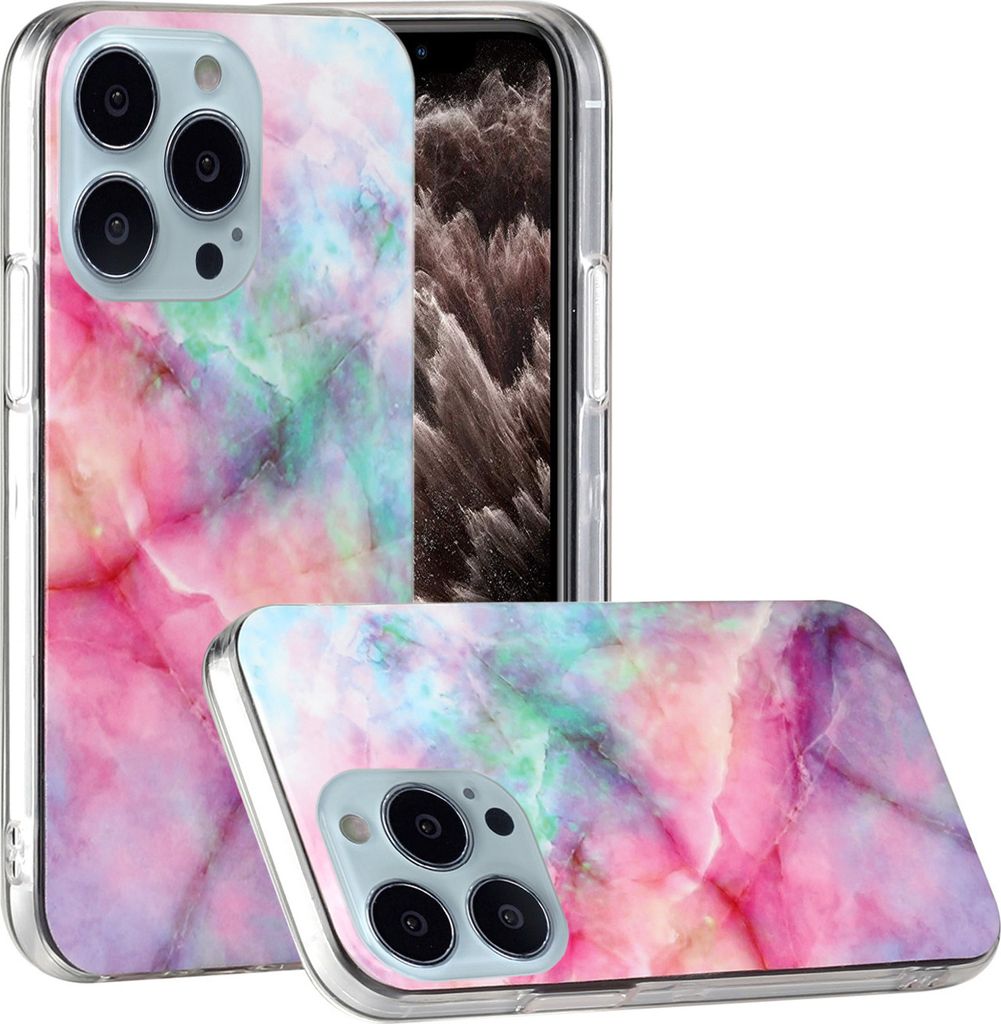 CLM-Tech Hülle kompatibel mit Apple iPhone 13 Pro Max - TPU Silikon-Hülle Case Schutzhülle Handyhülle - Marmor sternenklarer Himmel rosa lila bunt