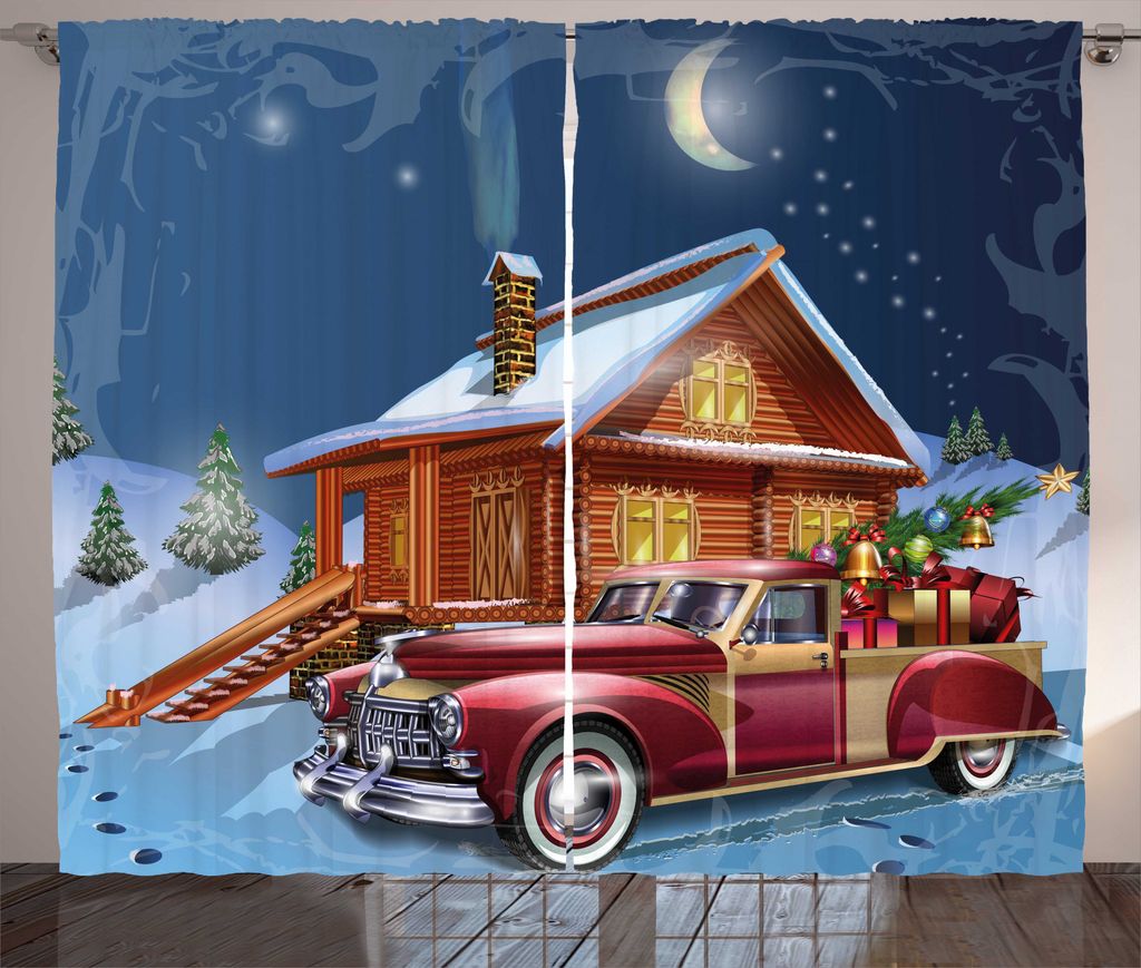 ABAKUHAUS Weihnachten Rustikaler Vorhang, Holz Lodge Truck, Wohnzimmer Universalband Gardinen mit Schlaufen und Haken, 280 x 175 cm, Mehrfarbig