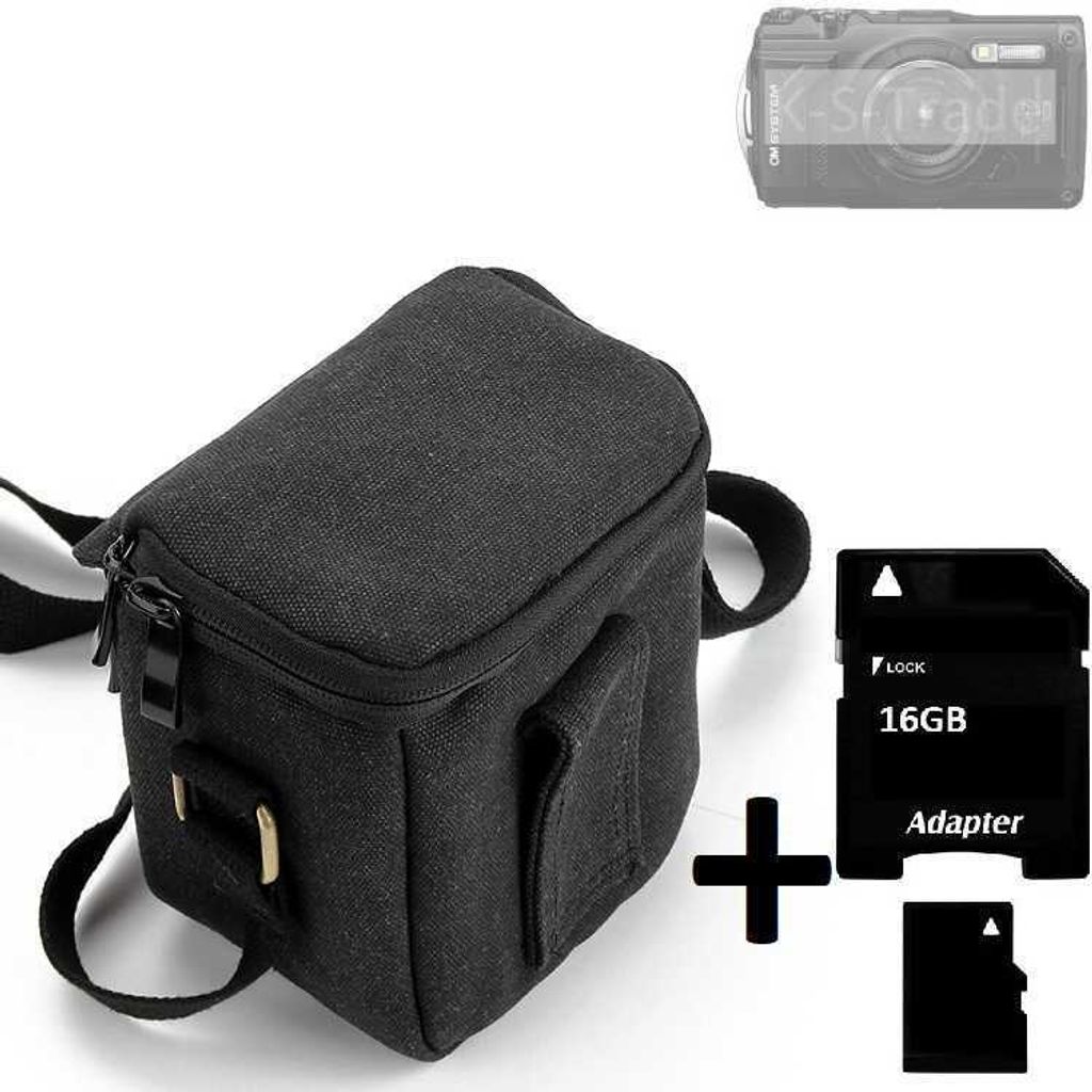 K-S-Trade Umhängetasche kompatibel mit OM System TG-7 Schulter Tasche Tragetasche Kameratasche Fototasche + 16GB Speicherkarte schwarz Schutzhülle