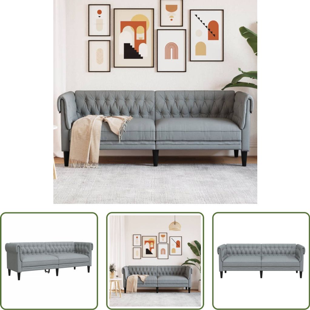 The Living Store Chesterfield-Sofa 3-Sitzer Hellgrau Stoff