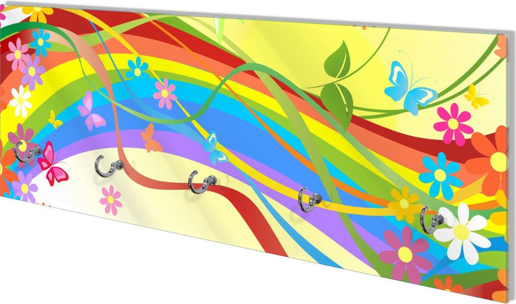 Wallario Flurgarderobe Wandgarderobe aus Glas, mit 5 Haken, Größe 80 x 30 cm, Motiv Regenbogen im Sommer - Bienchen und Blümchen