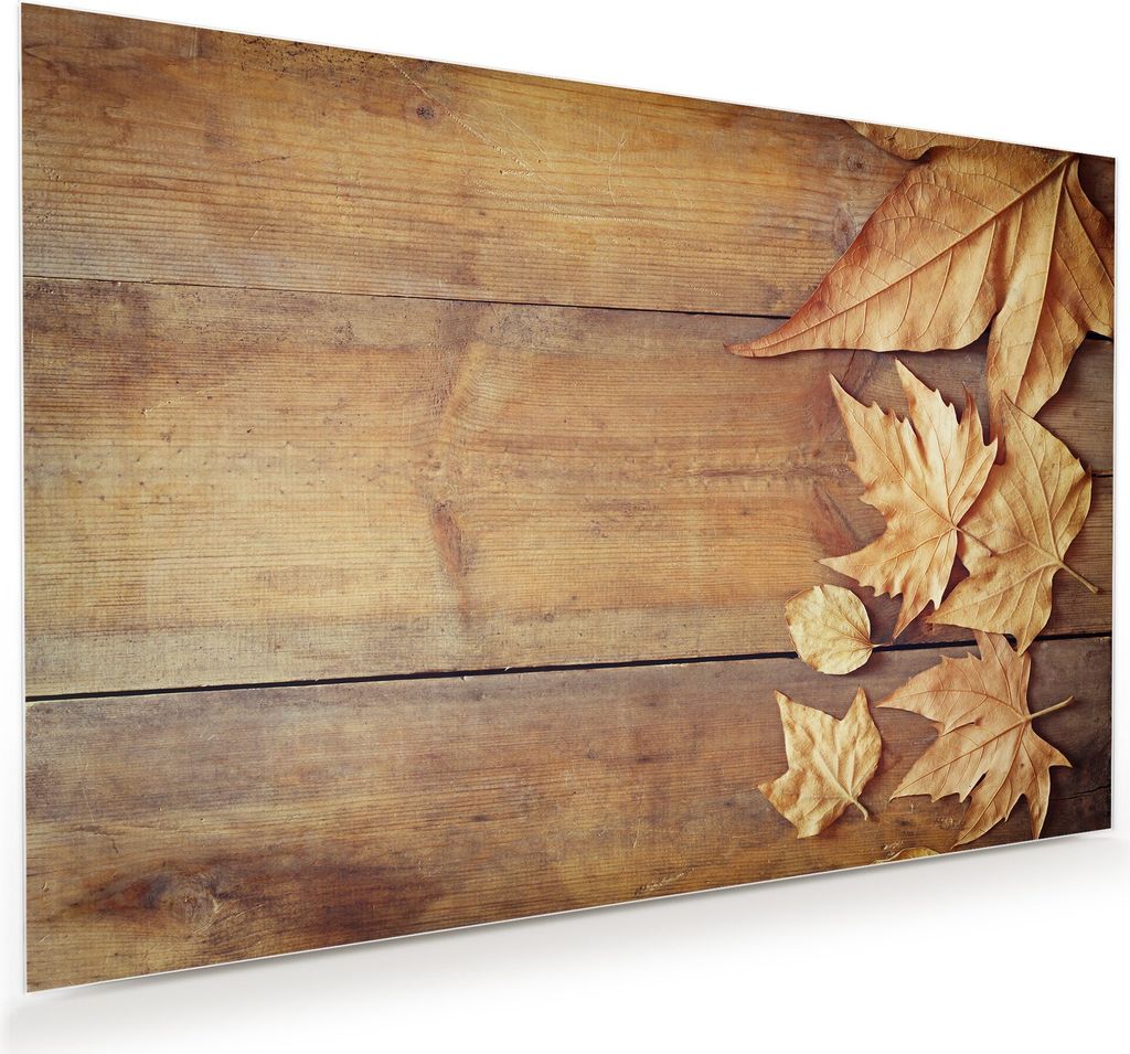 Glasbild Wandbild Blätter auf Holztisch 60x40cm in XXL für Wohnzimmer, Schlafzimmer, Badezimmer, Flur