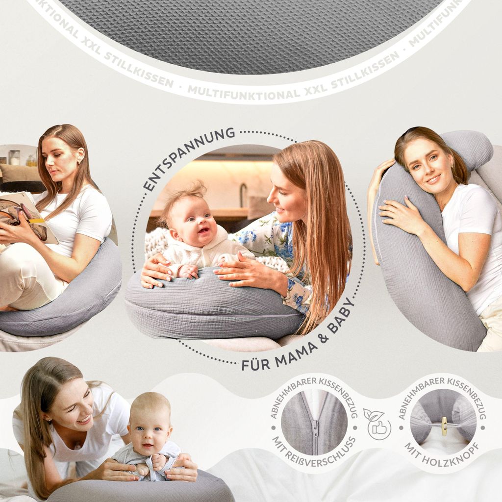 sei Design Stillkissen XXL Seitenschläferkissen 190x30 Schwangerschaftskissen Mikroperlen-Füllung Bezug Waffeljersey grau