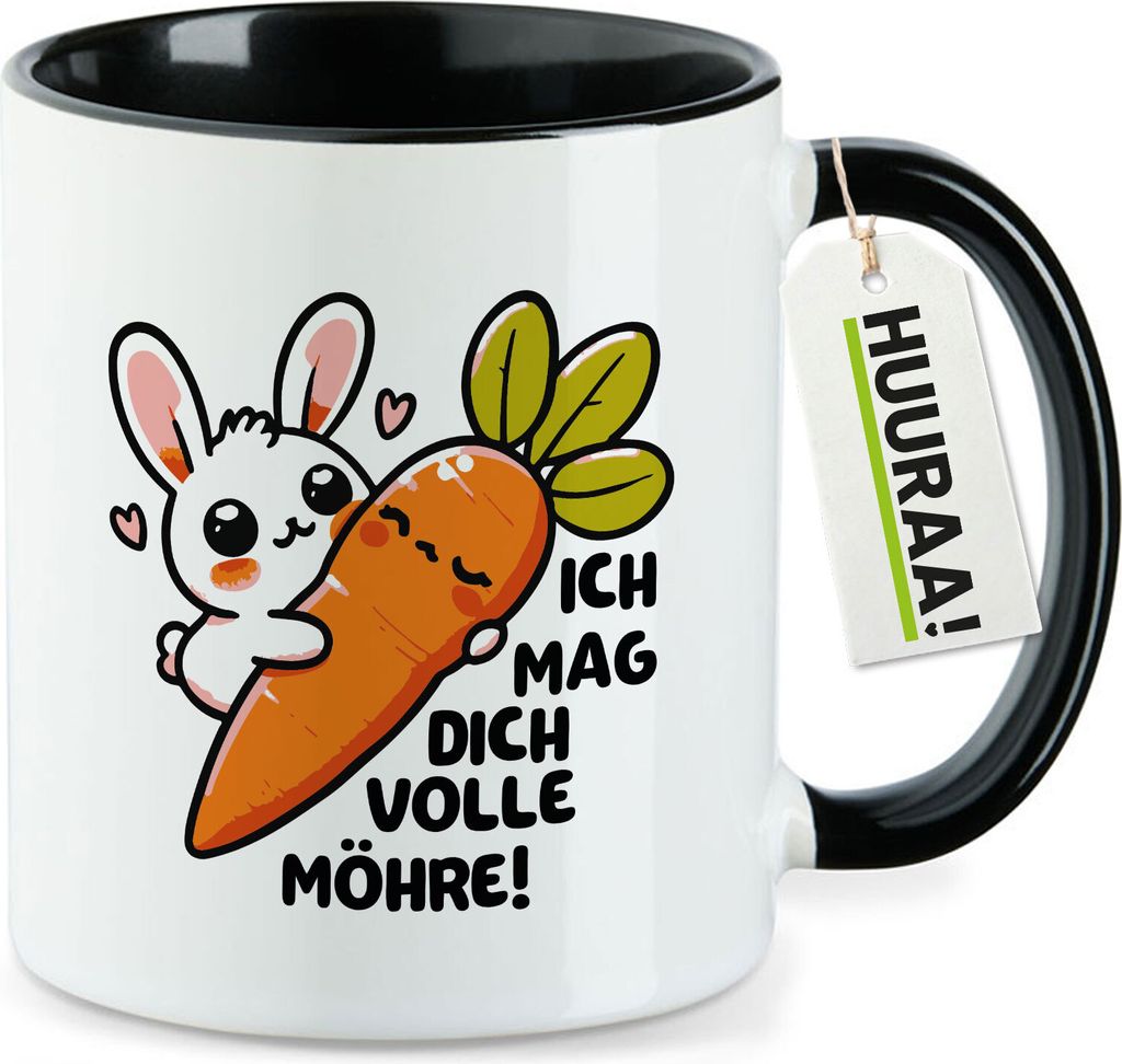 Huuraa Kaffeetasse Mag dich volle Möhre Hase 330ml Schwarz Keramik Kaffeebecher Geschenkidee