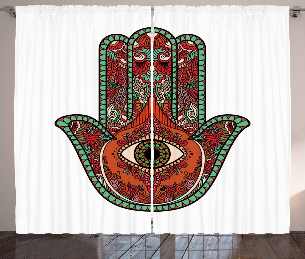 ABAKUHAUS Evil Eye Rustikaler Gardine, Vintage Boho Bunte, Schlafzimmer Kräuselband Vorhang mit Schlaufen und Haken, 280 x 245 cm, Mehrfarbig