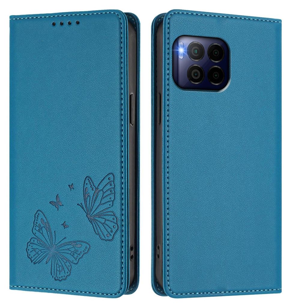 Lederhülle für T-Mobile REVVL 7 Pro, Schmetterling Prägung Leder Brieftasche Schutzhülle mit Ständer Blau
