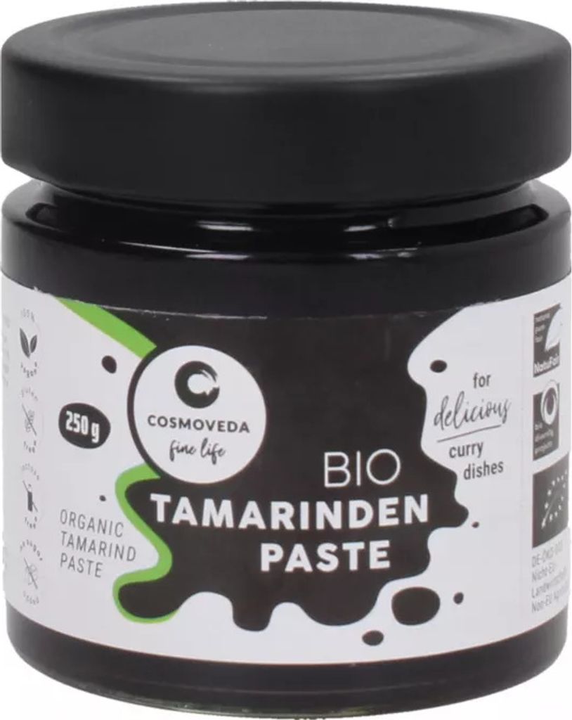 A jar of Cosmoveda Tamarinden Paste on a white background.